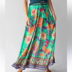 NATURAL LIFE Teal Green Floral Maxi Skirt with Orange & Purple Accents
